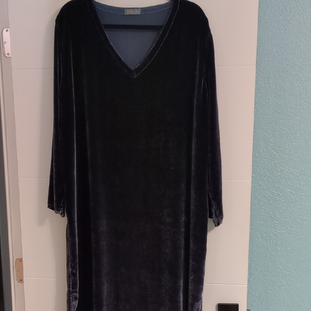 Cp Shades Elegant Dark Blue Velvet V Neck Knee Length Dress Sz M/L Holiday Boho